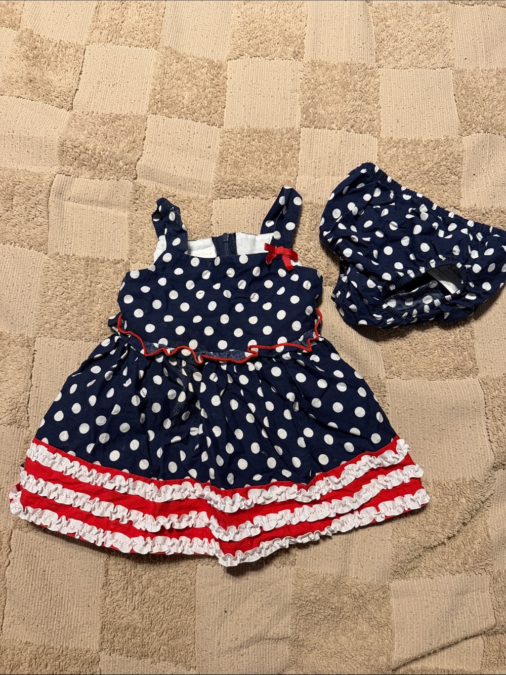 Bonnie Baby Navy Polka Dot Dress with Red Trim and Matching Diaper Cover